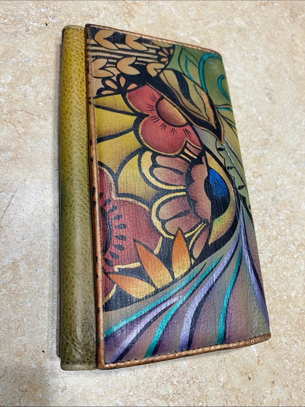 Anna by Anuschka Hand Painted Leather Tri Fold Wallet Floral Flowers